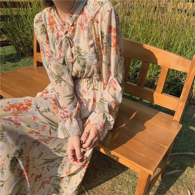 

Vintage Floral Print Women Chiffon Dress Full Sleeve Lace-up Female Dress Holiday Midi Vestidos 2021 Spring Boho Dress, Black;gray
