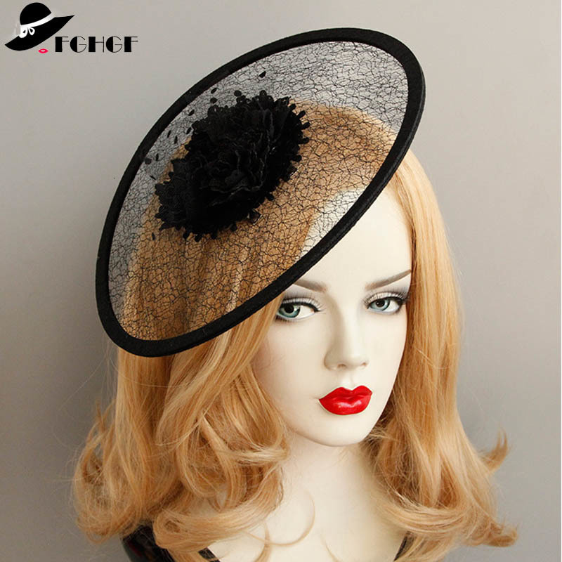 

2021 New 26.5cm/10.4" Charming Round Black Flower Ladies Headband Lace Netting Mesh Hair Band Cocktail Hat Party Girls Women Fascinators 3y8
