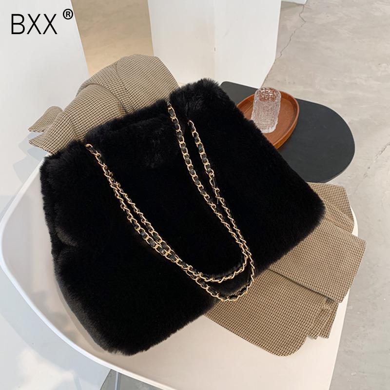 

[BXX] Faux Fur Soft Crossbody Bags for Women 2021 Winter Shoulder Hand Bag Lady Trending Chain Handbags and Purses HP353, Black