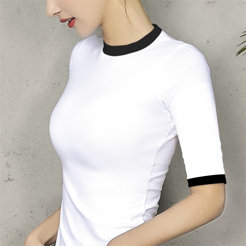 

Womens top Lady Cotton short sleeve Turtleneck woman tshirt all match Basic t-shirt Half 210708, Black