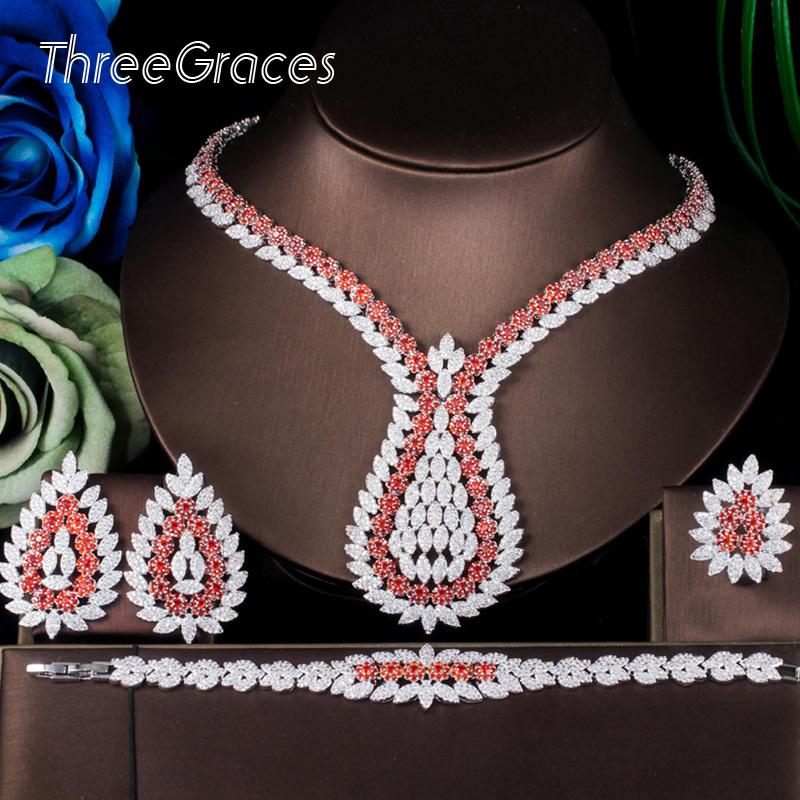 

Earrings & Necklace ThreeGraces 4 Pcs Luxury African Cubic Zirconia Big Bracelet Ring Bridal Wedding Jewelry Sets For Women JS642, Silver