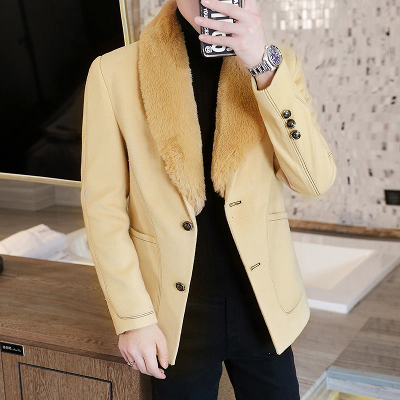 

2021 New Abrigo Largo Men Big Hair Collar Woolen Korean Version Slim Windbreaker Thick Warm Jacket Woolblend Trench Coat Yckz, Black