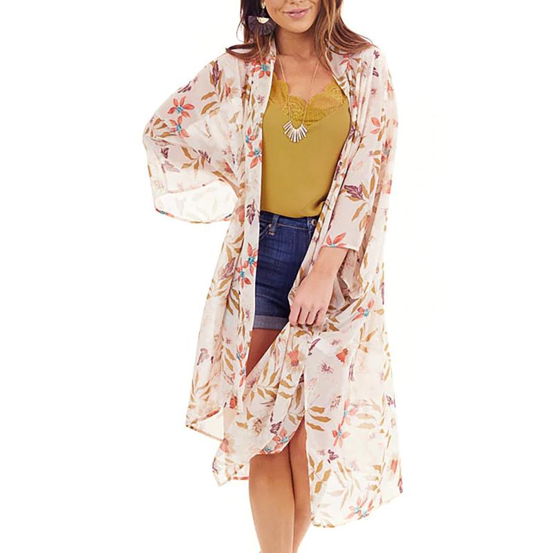 

Women' Swimwear Summer Women Fashion Three-quarter Sleeve Chiffon Floral Printed Beach Cardigan Blouse Tops Cover-Ups Maillot De Bain Femme, White