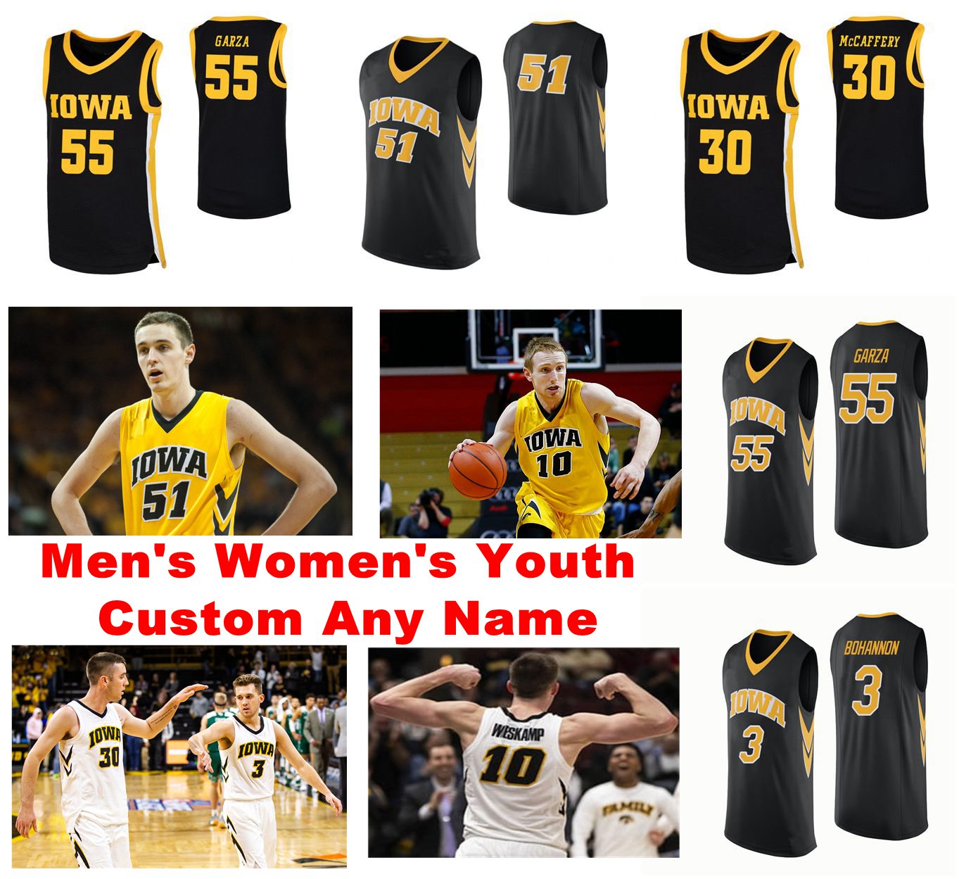 

NCAA Iowa Hawkeyes College Basketball Jerseys Cordell Pemsl Jersey Connor McCaffery Aidan Vanderloo Luka Garza Custom Stitched, Black