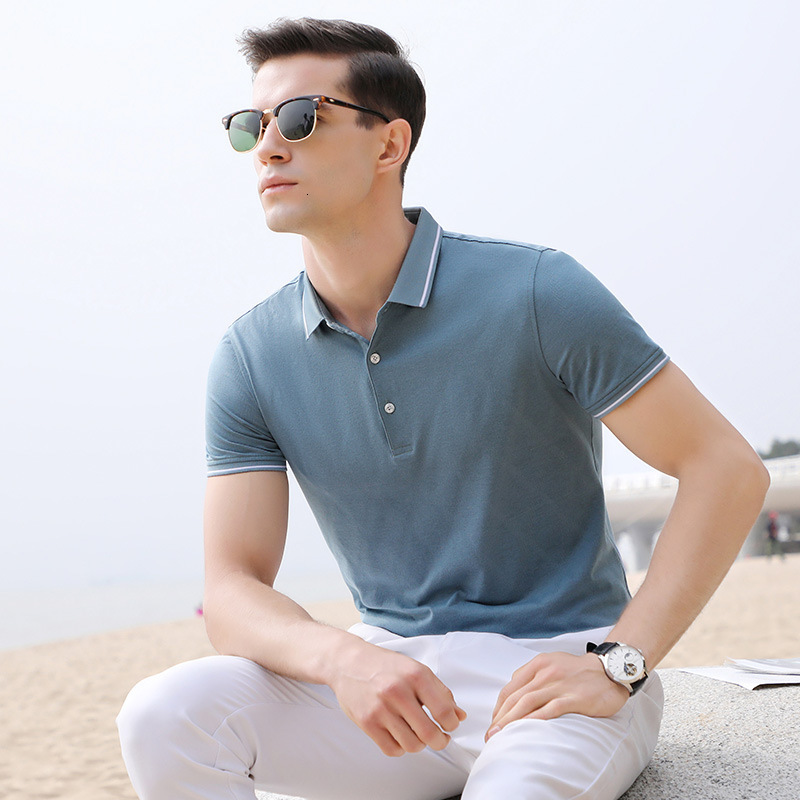 

2021 New Summer Mens Short Sleeve Solid Color Print Business Casual Tops Tees Male Slim Shirt Turn-down Collar Polo 1po2, Lake blue