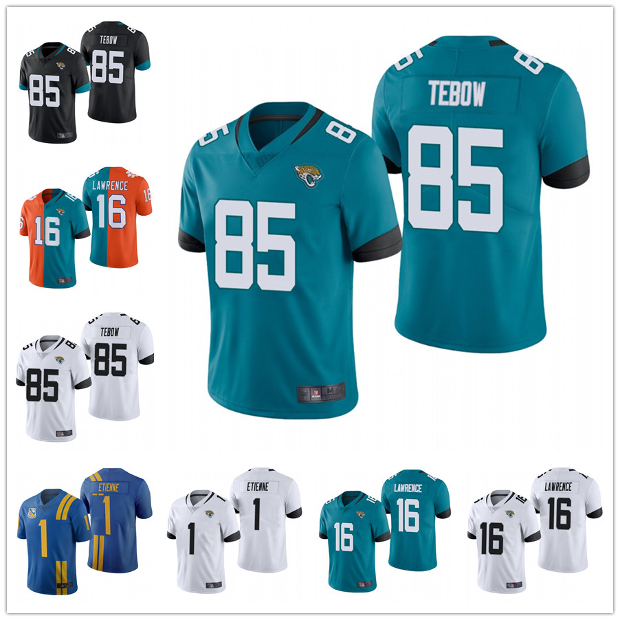 

Jacksonville men women youth Jaguar #16 Trevor Lawrence #85 Tim Tebow #1 Travis Etienne white Teal Black City Split Home Jersey