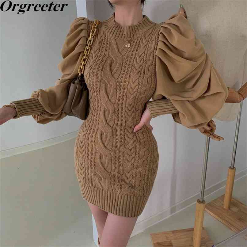 

Chic Patchwork Twist Mini Sweater Dress Women Fall Winter Ruched Puff sleeve Knitted Sheath Pencil Vestidos 210602, Khaki