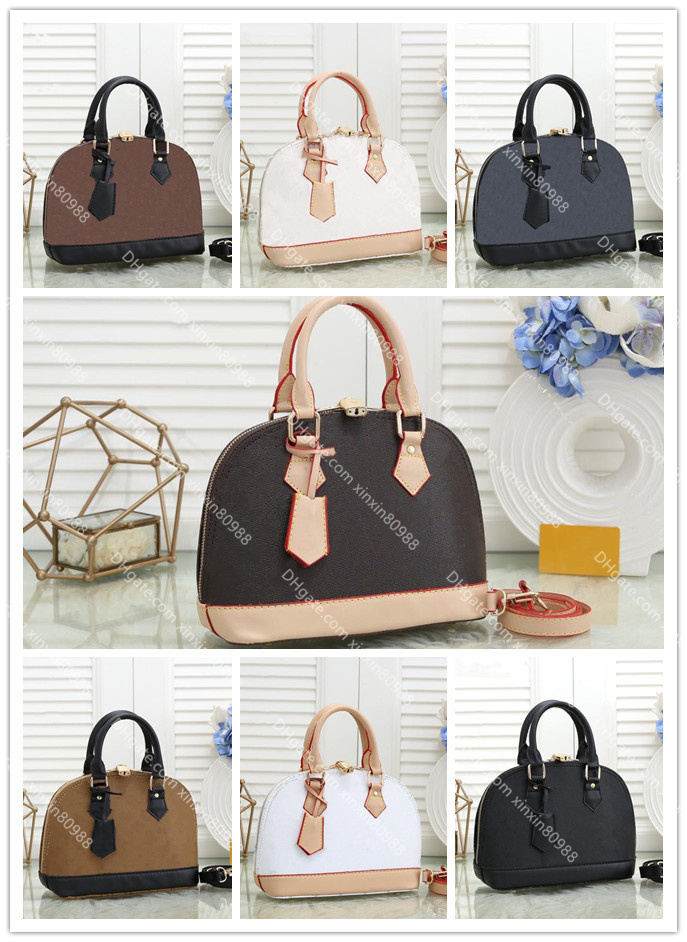 

Classic ALMA BB Shell Bag Leather Women Handbags Luxurys Designers Bag Lady Shoulder Bags Fashion Tote with Cross body strap and lock, Brown+flowers