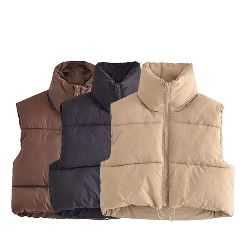 

Women's Coat Fashion Adjustable Hem Zip-up Crop Padded Waistcoat Vintage High Neck Sleeveless Female Outerwear Chic Vest Tops, Black;white