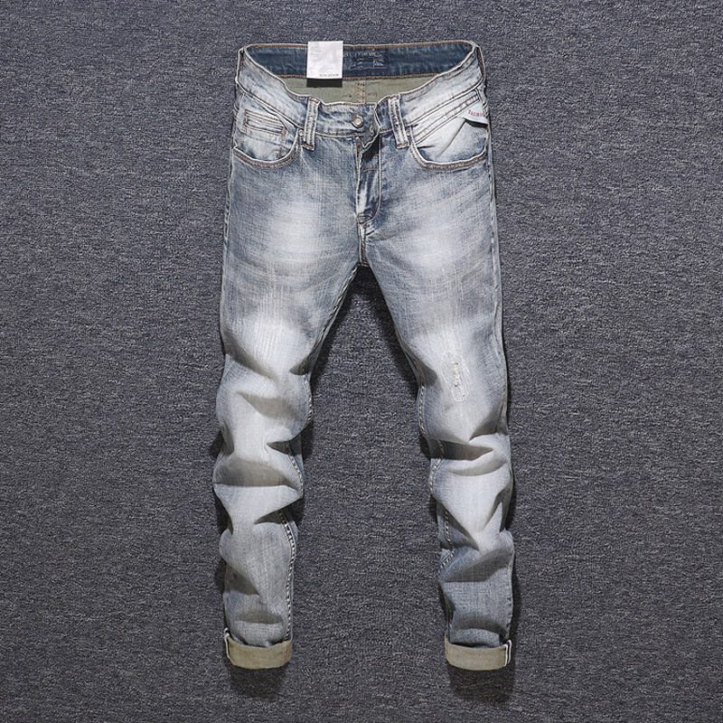 

2021 New Italian Style Fashion Retro Gray Slim Fit Elastic Ripped Men Denim Pants Streetwear Vintage Designer Jeans Homme 4rat