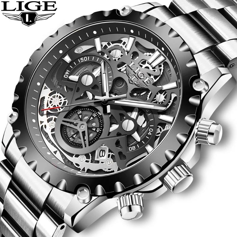 

Wristwatches LIGE 2021 Stainless Steel Hollow Mens Watches Top Brand Sport Waterproof Quartz Watch Men Military Wristwatch Relogio Masculino, Blue
