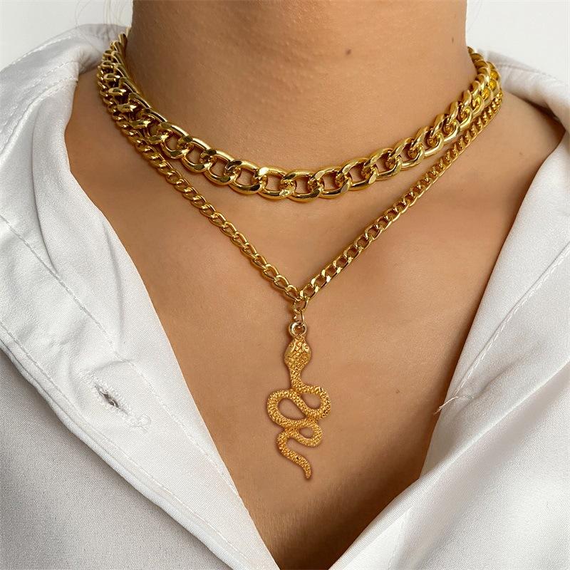 

Chains Punk Snake Multilayer Pendant Necklace Personality Double Chain Alloy Couple Women Jewelry Men Gift, Silver