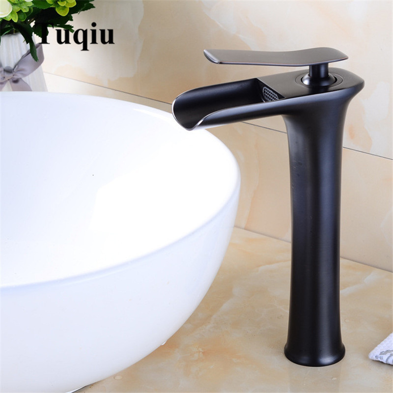 

2021 New Tall Brass Material Luxury Waterfall Bathroom Basin Mixer Hot Cold Crane Sink Faucet Black Tap Vg9v