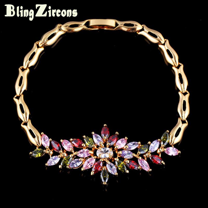 

Link, Chain BlingZircons Multicolor Cubic Zirconia Flower Cluster Big Wedding Bracelet Bangle For Women Party Jewelry Accessories B203
