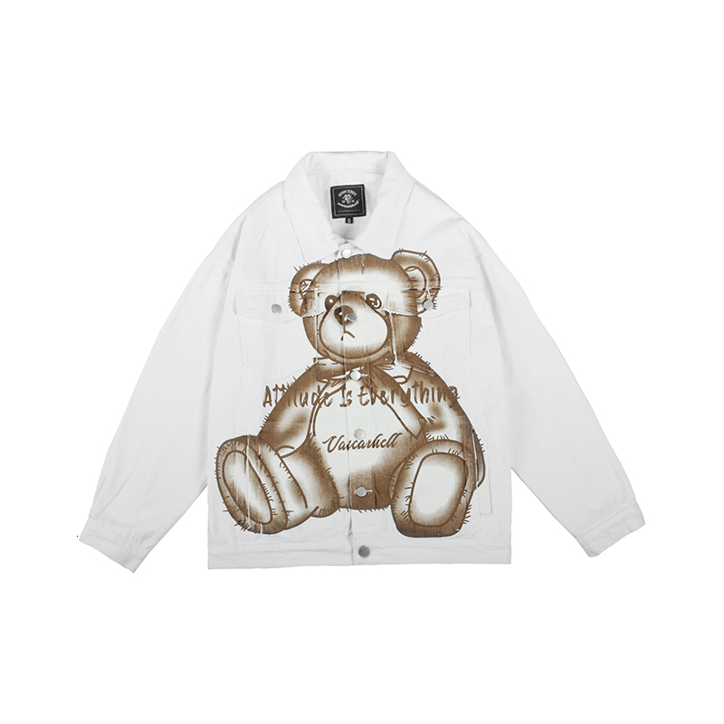 

2021 New Original Cartoon Bear Washed Mens Jeans Hip Hop Lapel Retro Windbreaker Denim Coat Oversize Casual Autumn Bomber Jacket Ychd, Pink