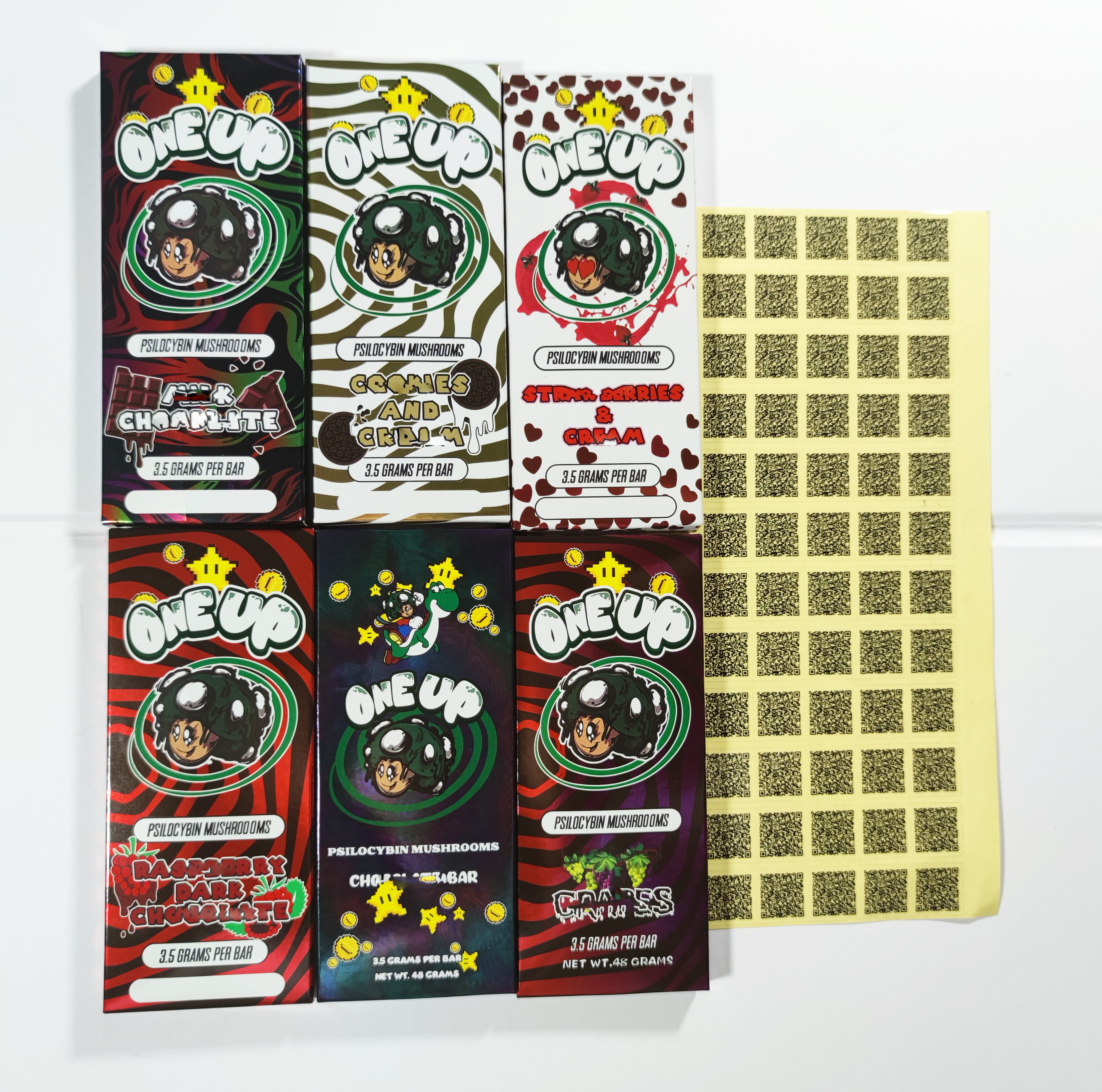 

empty one up milk chocolate bar vegan Packing Boxes 3.5 grams per bars oneup strawberries cookies cream wrappers packaging pack package box