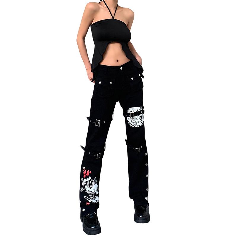 

Women's Jeans Xingqing Y2K Punk Skull Print Black Buckle Pants Harajuku High Waist Big Pocket Trousers Goth Mall Grunge Cargo Techwear, Blue