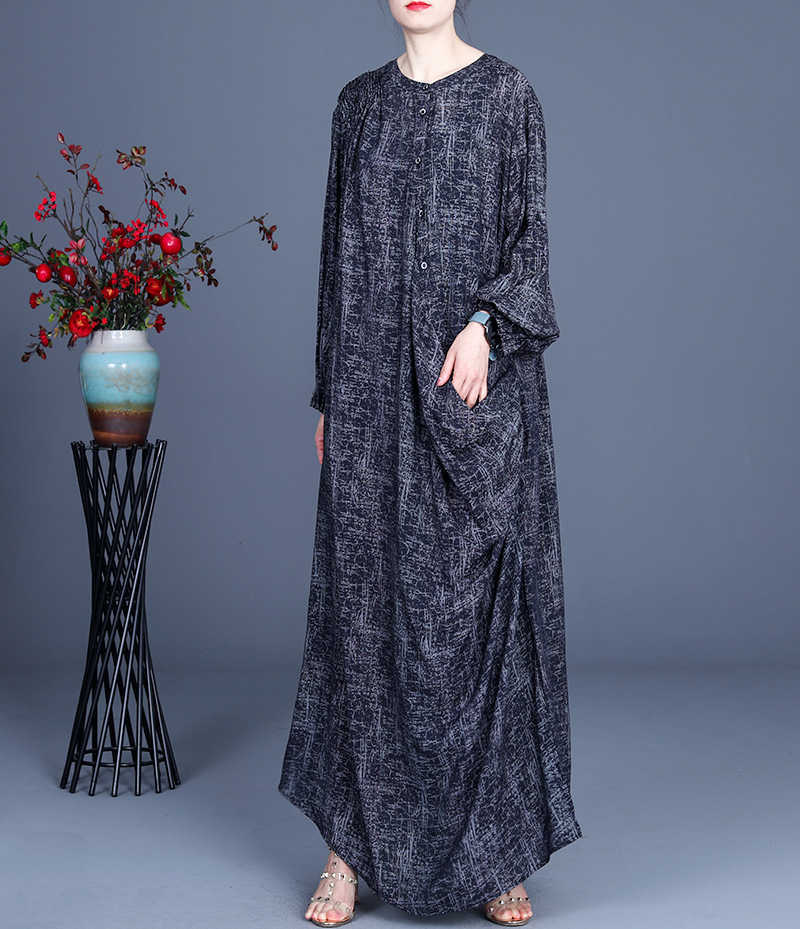 

Spring and Summer Fashion Casual Personality Loose Silk Linen Dress Elegant Retro Printed Pleated Female 210615, Photo color