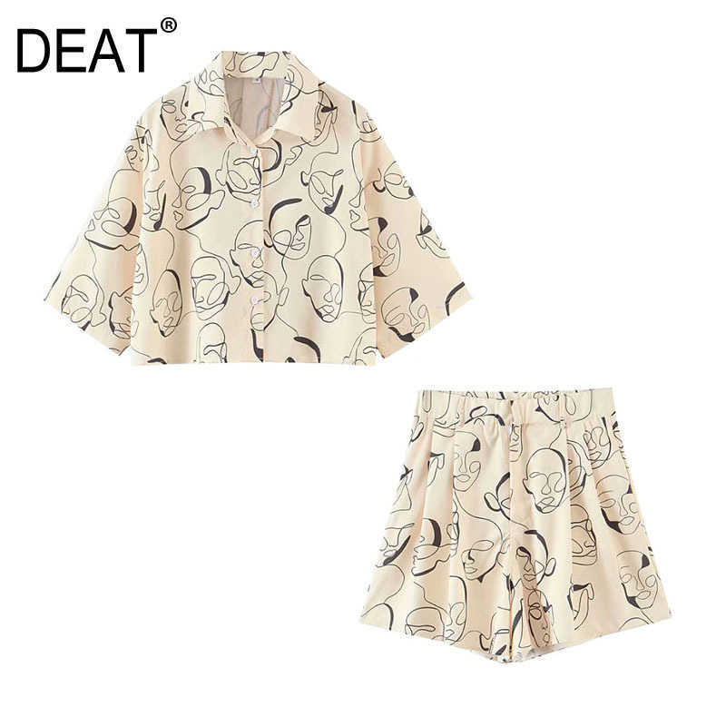 

[DEAT] Summer Fashion Short Sleeve Turn-down Collar Single-breasted Shirt Printing Shorts Women Two-piece Suit 13C812 210527