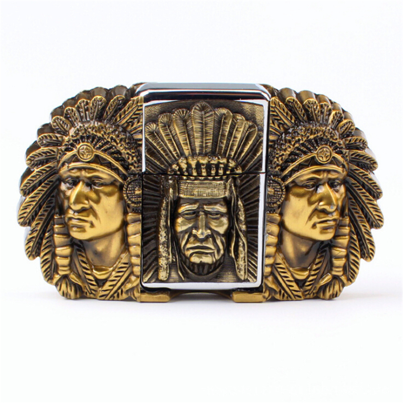 

2021 New Men Kerosene Belt Head Indian Chiefs Metal Lighter Buckle Belts Xfe6, Black