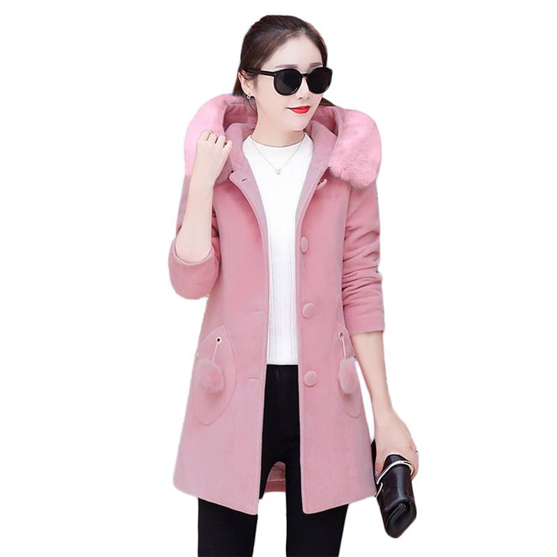 

Women' Wool & Blends Woolen Coat Women Nice Winter Korean Slim Thick Fur Collar Hooded Jacket Pink Long Sleeve Blend Tops Feminin, Beige