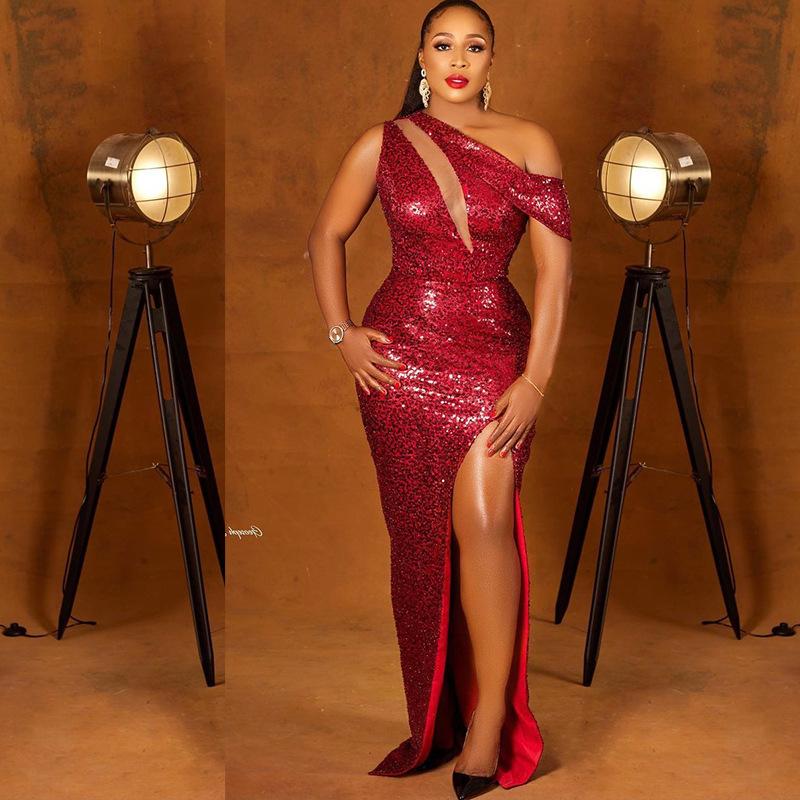 

Casual Dresses Women Red Party Dress High Slit Off Shoulder Cut Out Chest Shiny Glitter Sequined Sexy Bodycon Evening Celebrity Occasion Rob