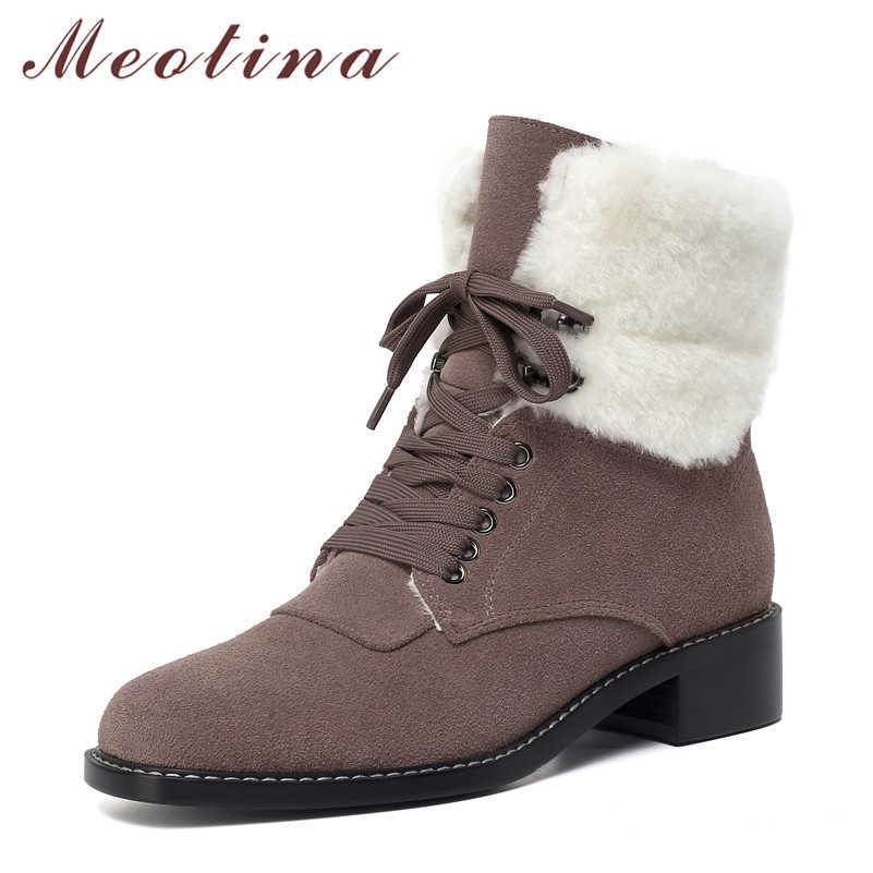 

Meotina Square Toe High Heel Snow Boots Women Genuine Leather Ankle Boots Lace Up Block Heel Shoes Female Short Boots Winter 41 210608, Khaki
