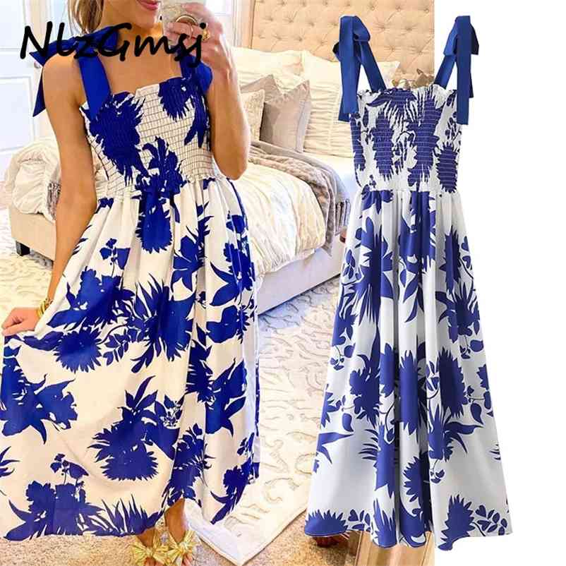 

Summer Long Dress Women Vintage Print Sleeveless Ladies Elegant Straps Sundresses Boho Casual 04 210628, As picture
