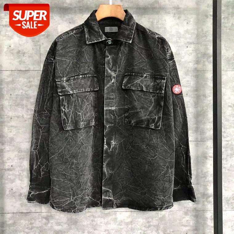 

Japanese style fried flower irregular pattern distressed washed denim pocket shirt men and women net red #9h6o, White;black