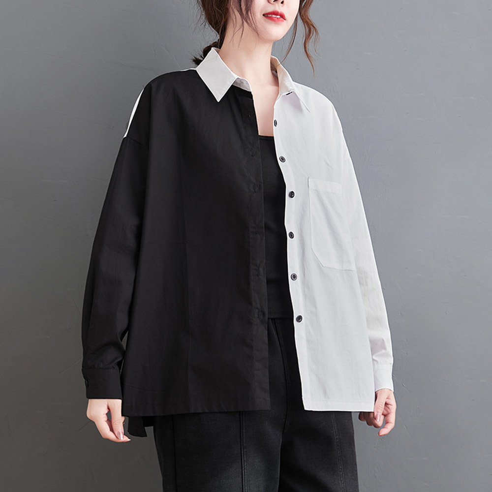 

2021 Japanese Style Spring and Autumn Shirt New Fashion Simple Ordinary Contrast Single Breasted Long Sleeve 06h0, Black