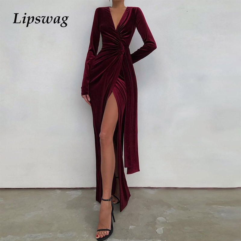 

lady wrap high split party dresses elegant deep v neck long sleeve maxi dress women fashion tie-up draped velvet long dresshigh quality, Black;gray