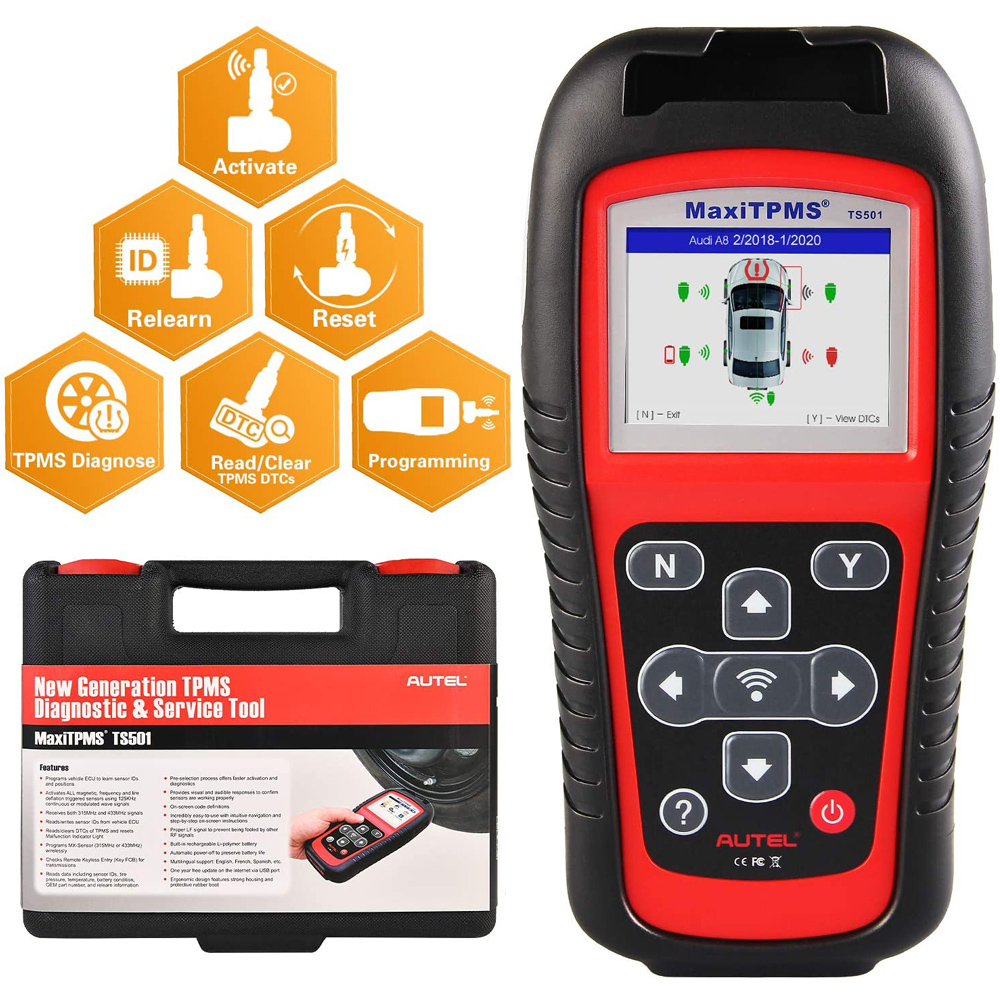 

MaxiTPMS TS501 TPMS Car Diagnostic Tool Activate TPMS sensors/ Read sensor data/TPMS Sensor Programming/ Check Key FOB/OBD