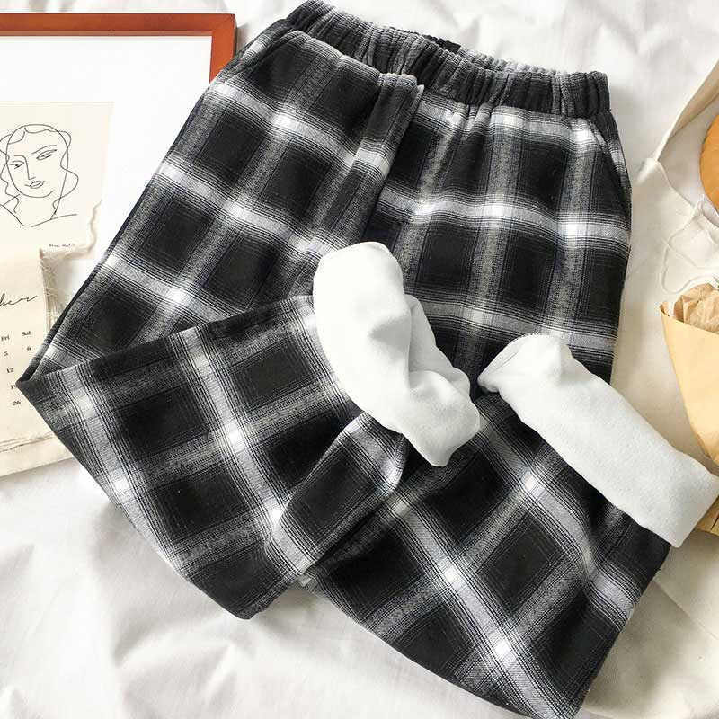 

2021 New Black-white Plaid Cashmere Straight Winter Warm Wool Casual Women's Pants Hare Ankle-length Jogger 7wbl