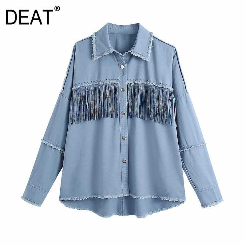 

[DEAT] Spring Fashion Single-breasted Turn-down Collar Solid Color Long Sleeve Tassel Personality Women Coat 13C811 210527, Blue