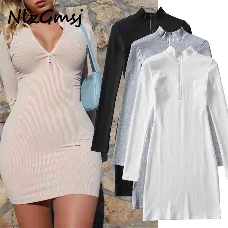 

Dres Solid Strethy Zipper Slim Long Sleeve Ladies Mini Vestidos 210628, As picture