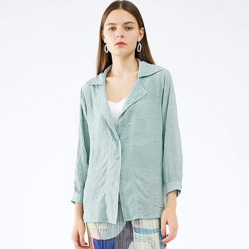 

Women's Jackets Miyake Pleated Short Fashion Casual Shirt Autumn 2021 Long-sleeved Loose Slim Thin Plus Size Ruched Tees For Woman, Green