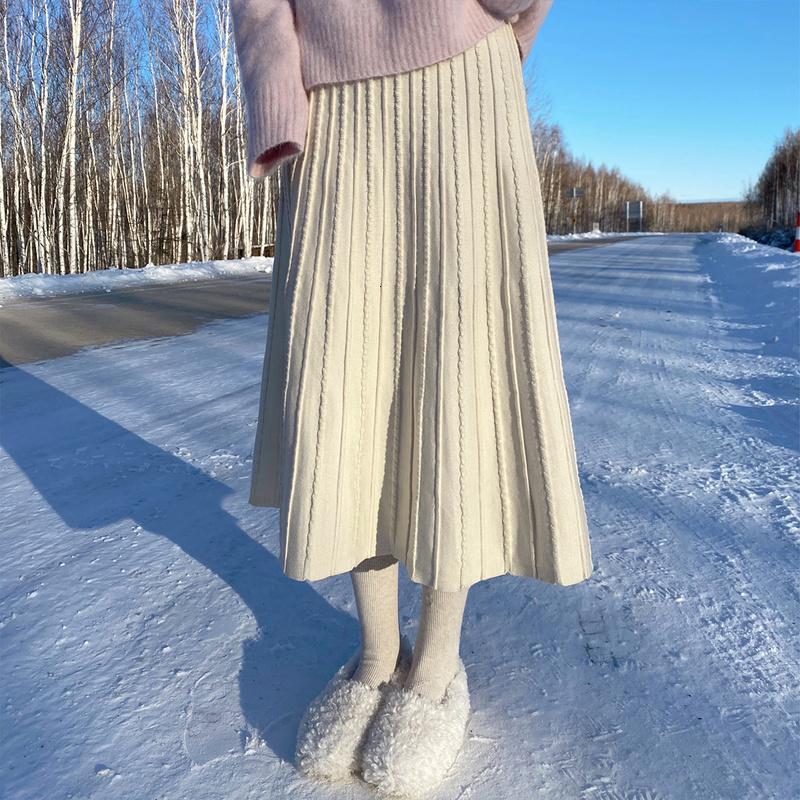 

New Waist Elegant Knitted Winter Sweater Skirts Female Casual High Street Sweet Japanese Korean Skirt Women 2021 1hyn, Beige