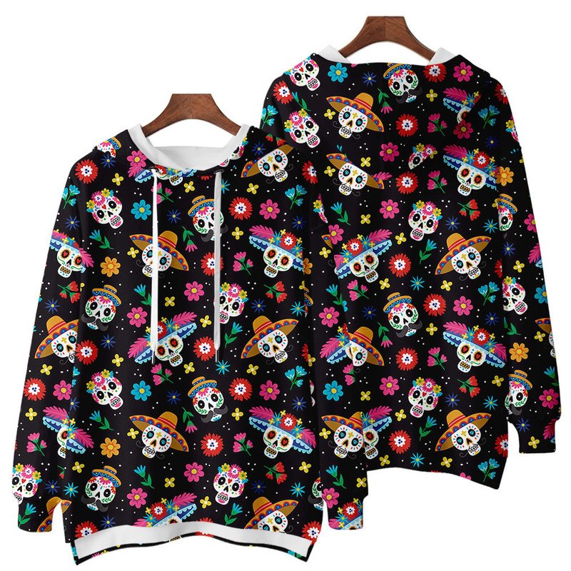 

Halloween texture long-sleeved skull hooded long-sleeved women's long sweater loose, comfortable and soft, White