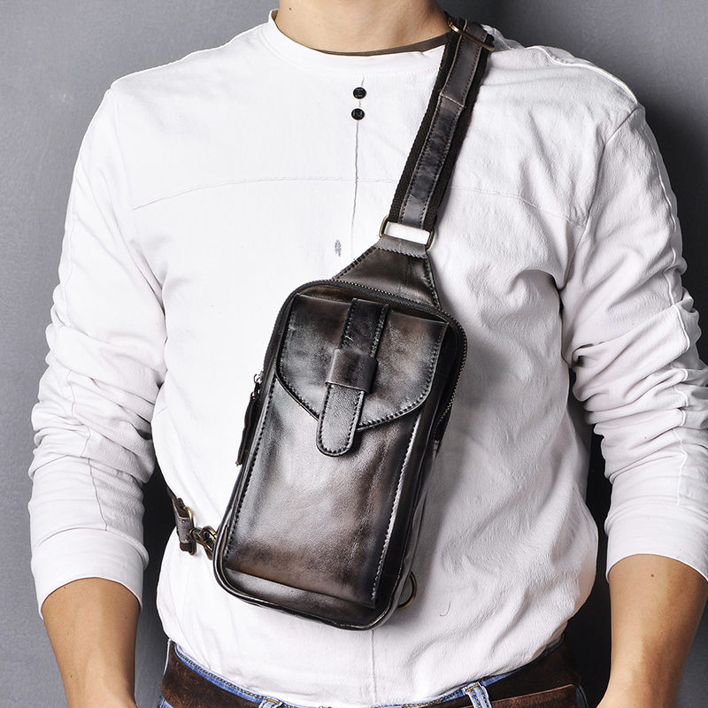 

Top Quality Men Original Leather vintage Design Fanny Wasit Chest Pack Bag Sling Crossbody Bag Daypack XB571-db 210305, Dark grey