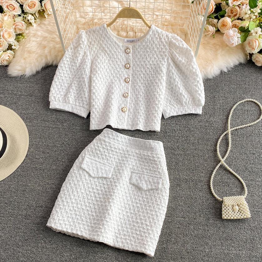 

cute puff sleeve cardigan 2 womens tracksuits piece summer retro jacquard pearl button cropped high waist bodycon mini skirt, Gray