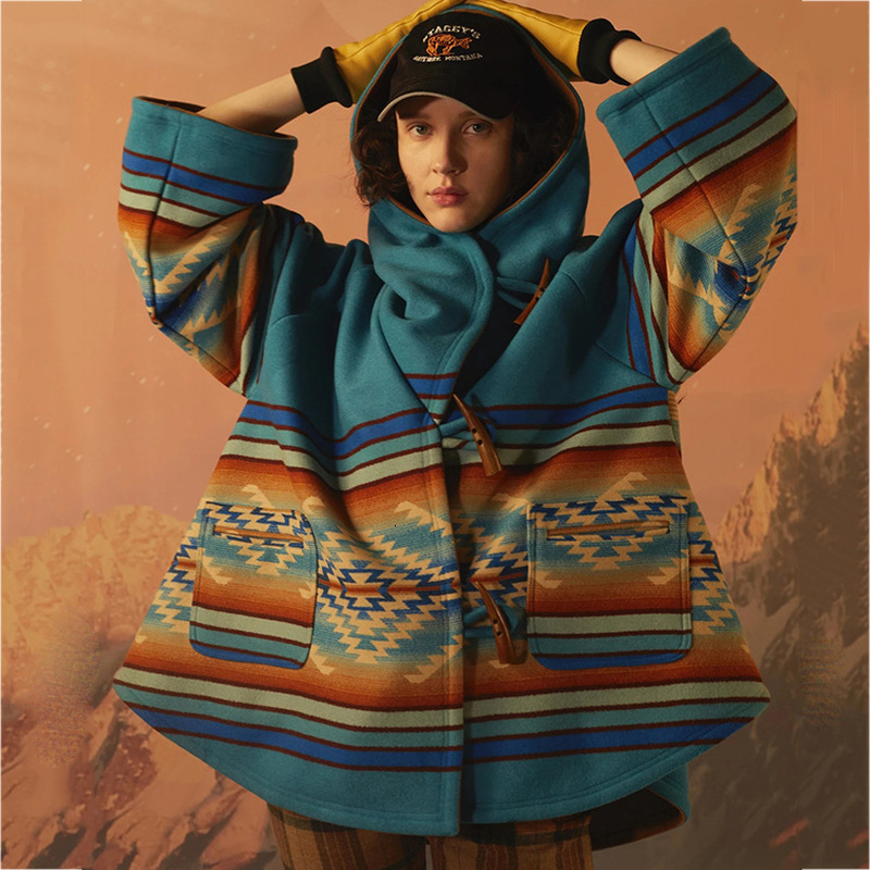 

2021 New Brand Design England Vintage Womens Stylish Print Blends Wool Coat Winter Warm Outerwear Flare Sleeve Loose Female Jackets N8fs, Blue
