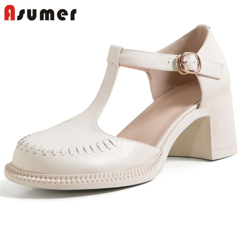 

Dress Shoes Asumer 2021 Full Genuine Leather Women Pumps Round Toe Vintage Single Buckle Summer High Heel Mary Jane Woman, Black