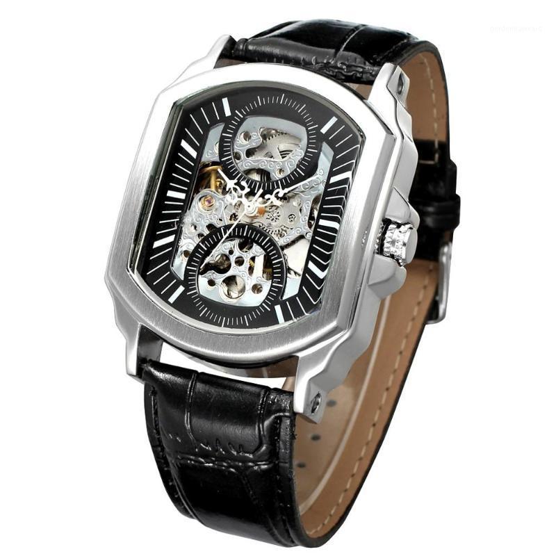 

Leather Belt Square Face Automatic Watch Men 2021 Fashion Luxury Skeleton Mechanical Men's Watches Relogio Masculino Wristwatches, Leather silver black
