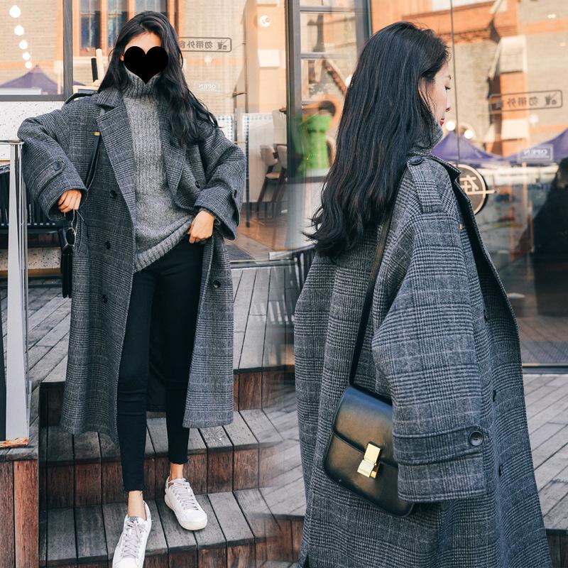 

Women' Wool & Blends Korean Version Of Plaid Woolen Coat Loose Mid-length Winter Student Over-the-knee Ladies