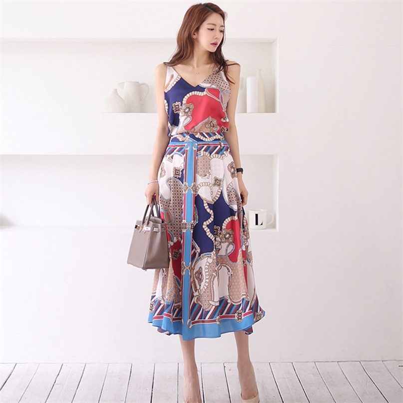 

Casual Women Summer Two Pieces Set Elegant Chain Print Sleeveless Tank Top and A Line Midi Skirt Suits for Party Beach 2 pcs 210603, Gray