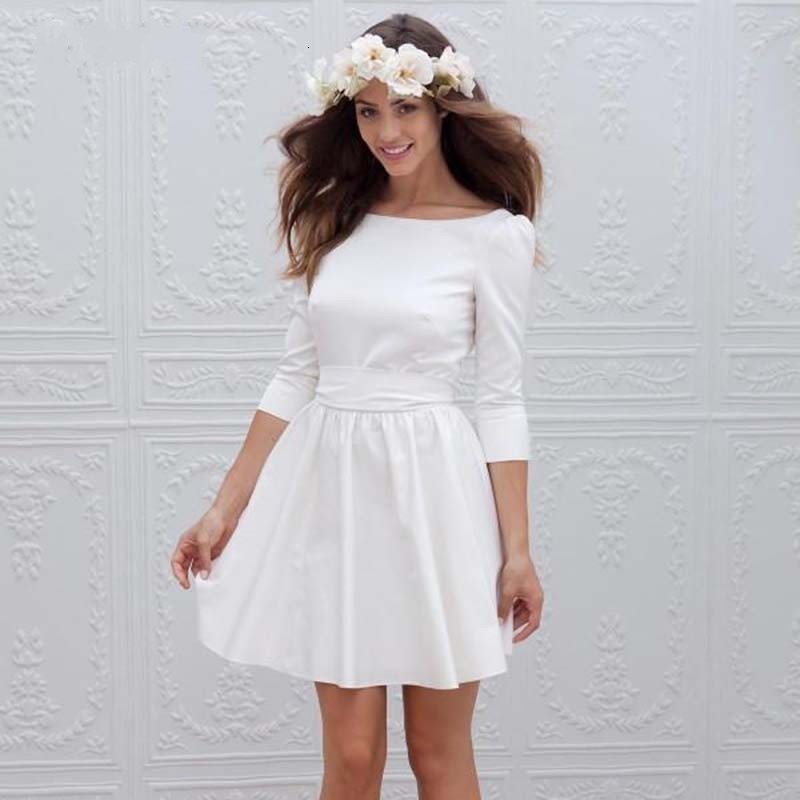 

New Ivory v Back Short Wedding 2021 Scoop a Line 3/4 Long Sleeves Satin Beach Bridal Gown Robe De Mariee 59qc