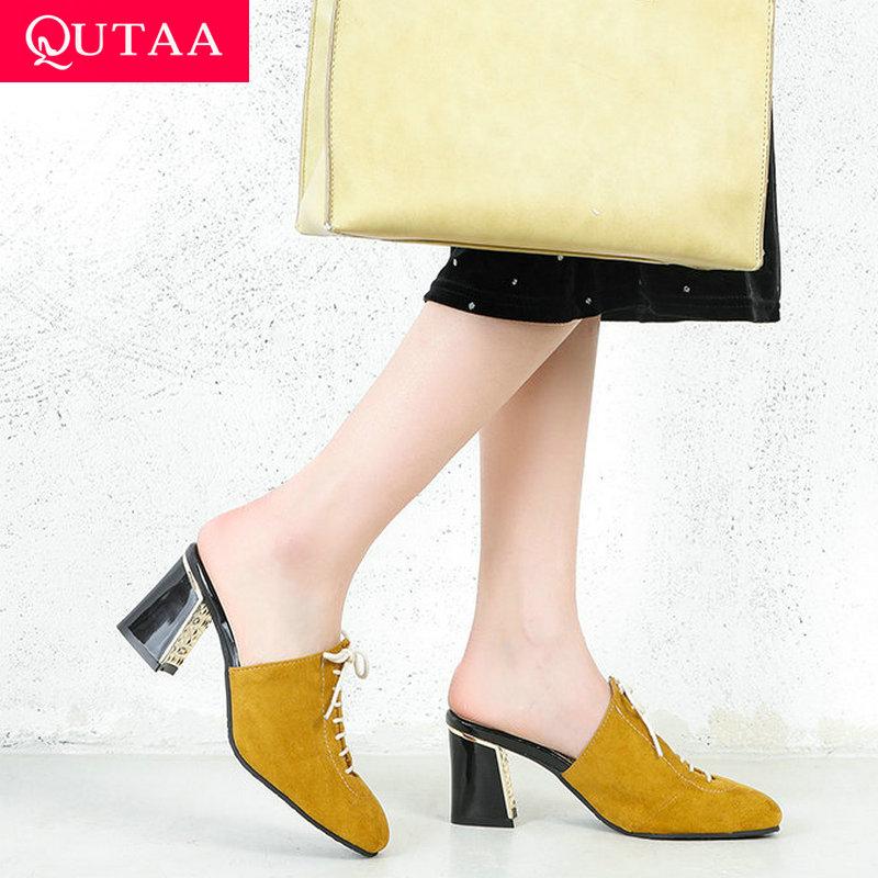 

QUTAA 2021 Slingback Flock Square High Heel Basic Women Sandals Summer Round Toe Pumps Slip On Female Shoes Size 34-43, Black