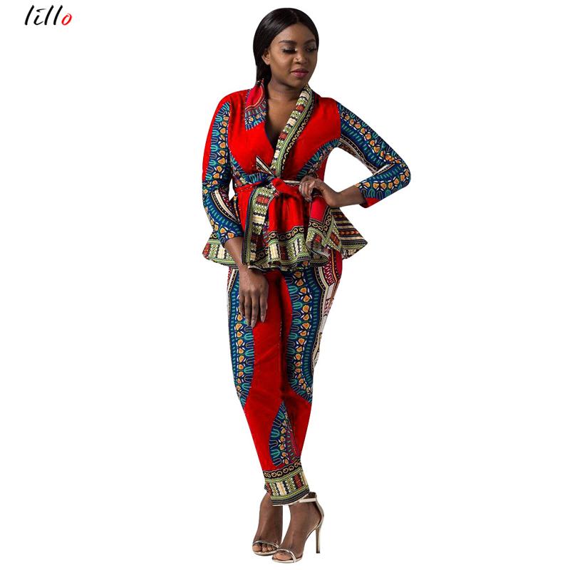 

Women' Two Piece Pants African Autumn And Winter Two-piece Suit Elegant Lapel Ethnic Totem Positioning Printed Ruffled Casual, Blue