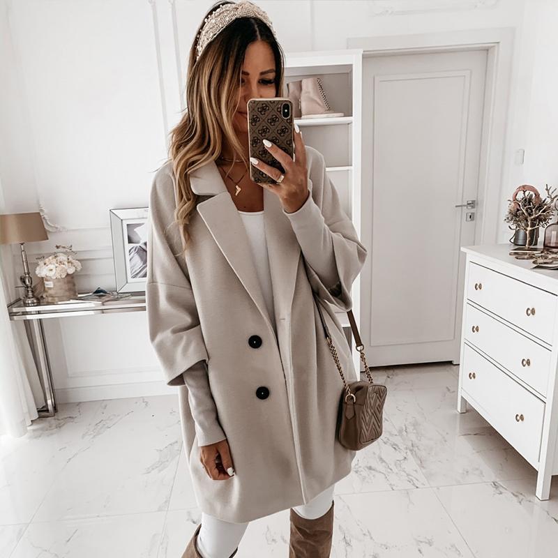 

Women' Wool & Blends Autumn Thin Coat Casual Three Quarter Sleeve Single Breasted Women Long Jacket Solid Loose Overcoat Fashion Ladies Clo, Grey