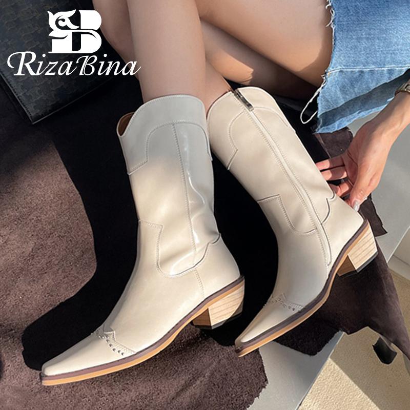 

Boots RIZABINA Women Short Real Leather Square Heel Women'S Shoes For Winter Fashion Mid Calf Footwear Size 34-39, Black